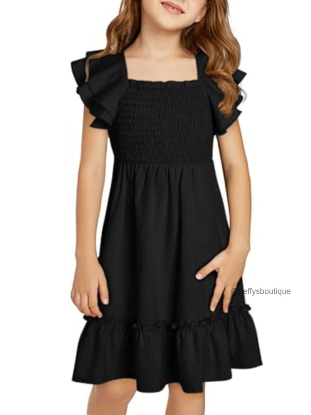 Girls Ruffle Smocked Dress Square Neck Short Sleeve Casual Summer